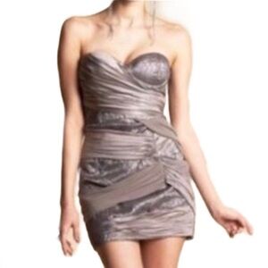Bebe Silver Draped In Taupe Strapless Dress M